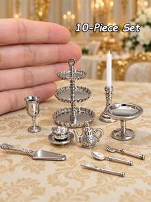 10pcs Silver Miniature Tea Set & Tableware Model, 3-Tier Dessert Stand, Goblet & Candlestick Miniature Models, Dollhouse Afternoon Tea Scene Decor - one-size - View 6