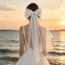 1pc Elegant Satin Bow Beaded Short Veil Mesh Bridal Headpiece - Multicolor - View 6