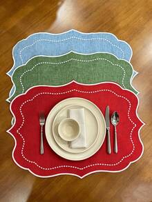 4pcs Solid Color Embroidered Placemats, Pastoral Style Polyester Fiber Round Placemats, Suitable For Dining Table, Coffee Table, Tea Table, Daily Home Decor, Vase Mat, Wedding, Holiday, Party - Red - View 4