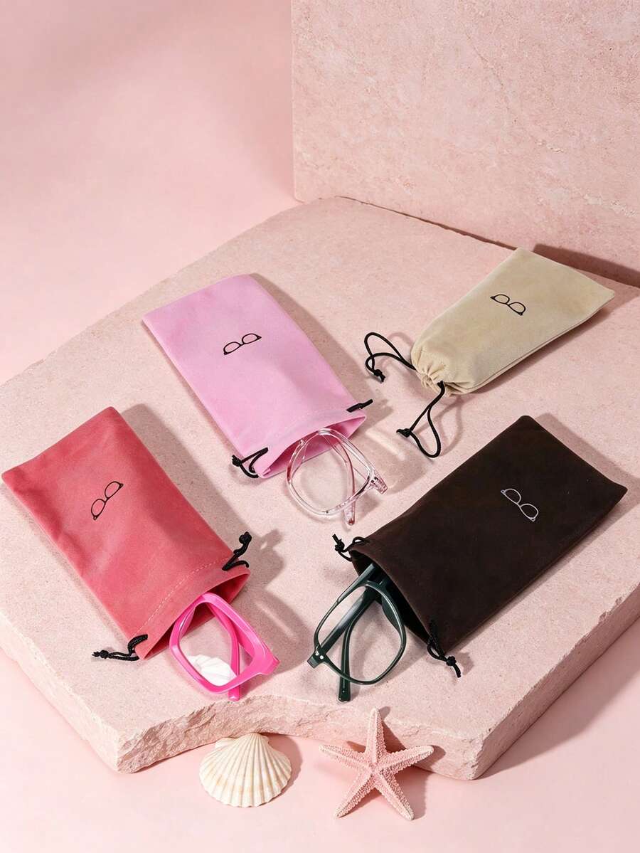 4/12pcs Flocked Fabric Colorful Glasses Storage Drawstring Pouch Bag, Fashion Portable Eyewear Case - Multicolor - View 1