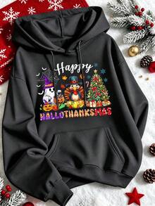 1 pieza Sudadera con capucha unisex, estampado gráfico, abrigo cómodo, estilo casual, para fiestas de Halloween, Acción de Gracias y Navidad - Gris oscuro - Ver 1