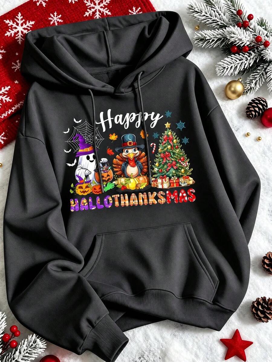 1 pieza Sudadera con capucha unisex, estampado gráfico, abrigo cómodo, estilo casual, para fiestas de Halloween, Acción de Gracias y Navidad - Gris oscuro - Ver 1