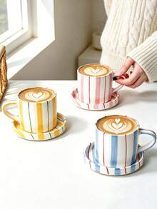 Hand Painted Vertical Striped Ceramic Mug & Saucer Set, Aesthetic Pastel Coffee Cup For Latte, Milk Tea, Afternoon Tea, Cute Table Decor - Multicolor - View 2