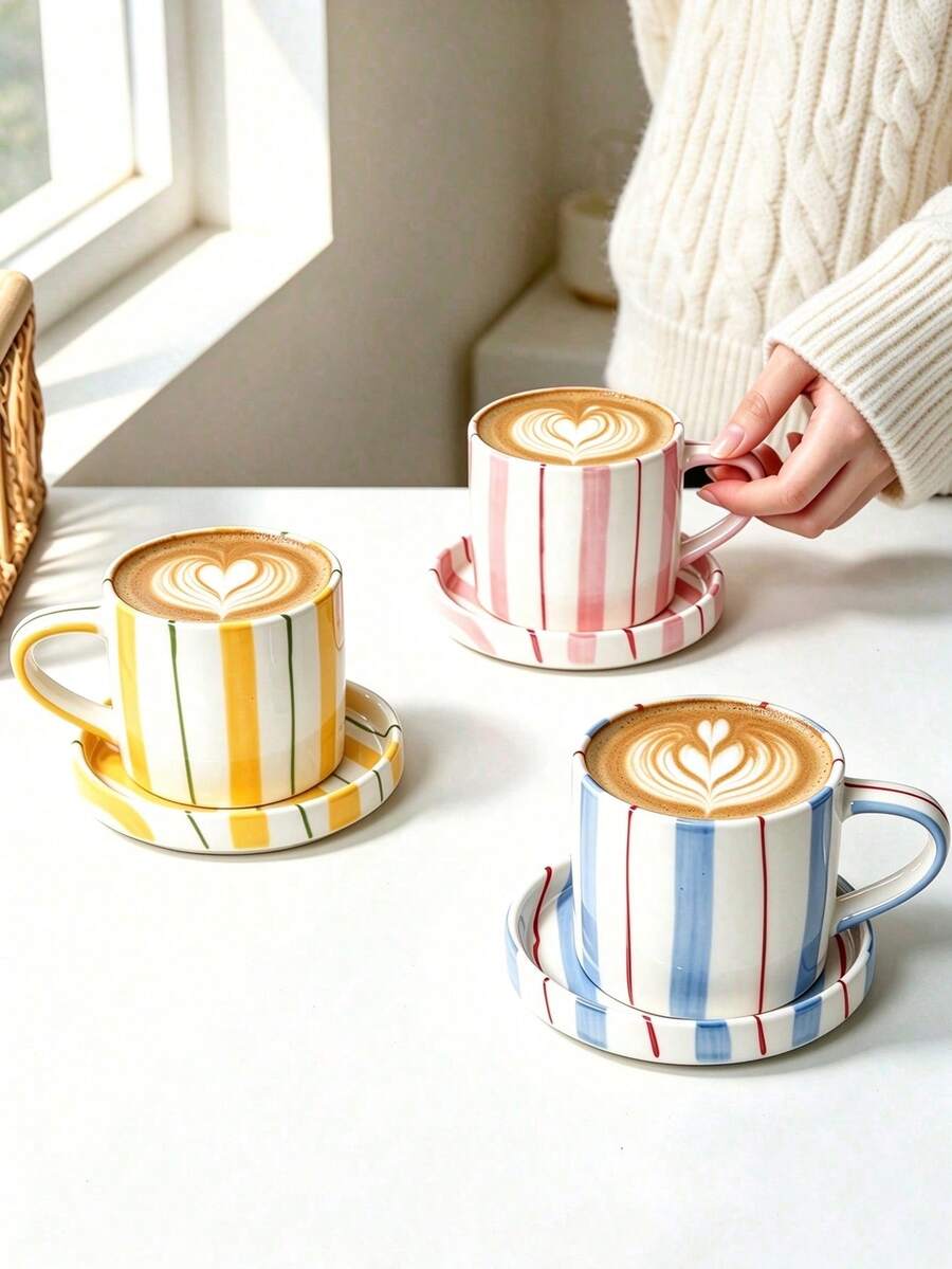 Hand Painted Vertical Striped Ceramic Mug & Saucer Set, Aesthetic Pastel Coffee Cup For Latte, Milk Tea, Afternoon Tea, Cute Table Decor