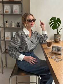 Women's Fashion Business Single-Breasted Striped Long Sleeve Shirt - Grey - View 1