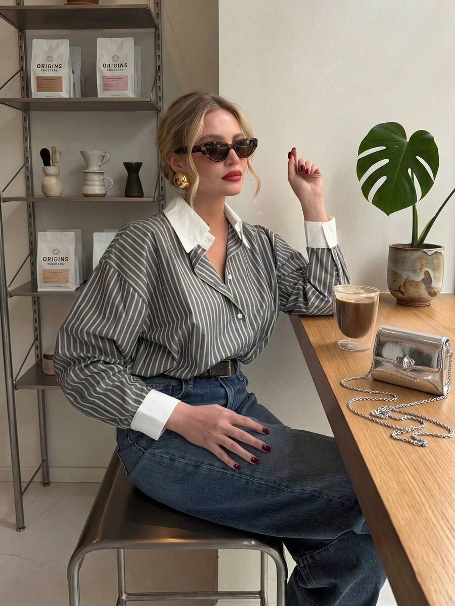 Women's Fashion Business Single-Breasted Striped Long Sleeve Shirt - Grey - View 1