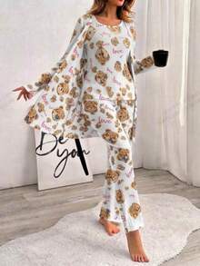Women's Letter Print Top, Long Sleeve Cardigan And Pants Casual Daily Home Sleepwear Set - Clear - View 2