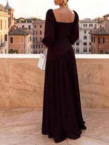 Fashion Knit Fabric Long Dress, Square Neck, Puff Long Sleeves, High Slit, Elegant Choice For Special Occasions - Redwood - View 4