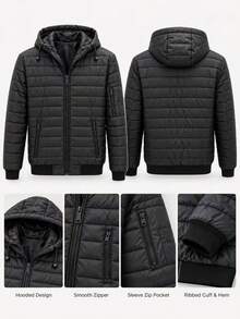 Men's Hooded Quilted Padded Jacket With Zip Pockets & Ribbed Trim, Casual Lightweight Outerwear - Black - View 4