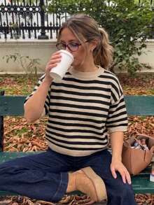 Women's Plus Size Classic Striped Knit Sweater, Cream Beige & Black Striped Contrast Trim Drop Shoulder Loose Fit Knit Cardigan, Autumn/Winter Essential - Khaki and Black - View 2
