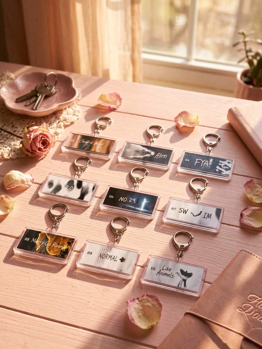 1Pc/9Pcs Bangtang K-Pop Album Song Themed Rectangular Acrylic Keychains, Featuring "Body To Body", "Alien", "2.0", "NO.29.", "SWIM", "Merry Go Round", "NORMAL" And "Like Animals" Designs, Fashionable Bag Charms - Multicolor - View 1