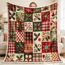 1PC Christmas Patchwork Plaid Holly Candy Cane Snowflake Throw Blanket, Holiday Flannel Blanket For Sofa Home Decor - Multicolor - View 8