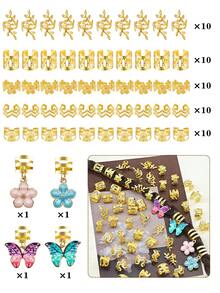 54pcs Flower-Shaped Wavy Hair Rings With Colorful Butterflies And Camellias - Multi-Shape Adjustable Hair Bands, Women's Dreadlock Hair Accessories - Gold - View 5