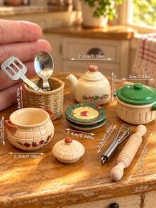 Miniature Kitchen Cookware And Utensils Model Set With Lidded Pot, Floral Teapot, Plates, Whisk And Rolling Pin, Pastoral Style Dollhouse Accessories - one-size - View 1