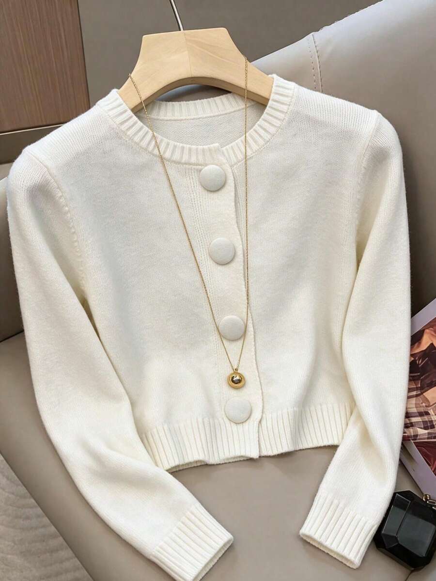 Solid Color Round Neck Front Button Short Knit Cardigan, Minimalist Long Sleeve Sweater Jacket, Casual Fashion Daily Wear Minimalist Outfit - White - View 1