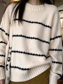 2026 Autumn New Women's Half-High Neck Striped Knit Sweater, Loose Fit Slimming Pullover Top, Versatile - Beige - View 1