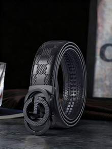 Men's Round 3D Automatic Buckle PU Belt, Checkered Pattern, 47 Inch Business Leather Belt - Multicolor - View 11