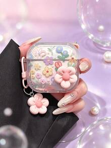 Colorful Gradient 3D Flower Pendant 5/4/2 Pro 2/3 Earphone Protective Case Cover, New Silicone Soft Shell Compatible With Apple Wireless Bluetooth Headphones, Dopamine Korean Style, Compatible With Pods 1/2/3/4/5/Pro/Pro2/Pro3 - Clear - View 3