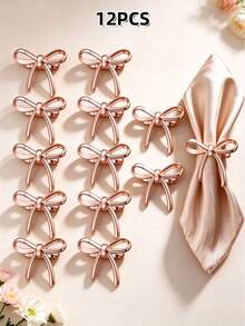 2-12pcs Metal Bow Napkin Rings, Luxury Round Metal Napkin Holders, Wedding, Party And Holiday Banquet Table Decor - Rose Gold - View 12