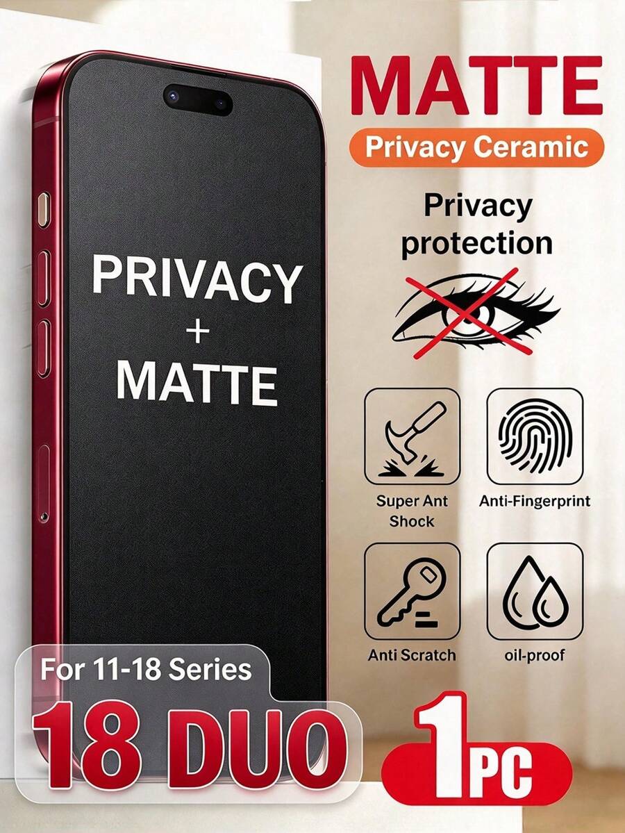 Yezodawee Matte Anti-Peeping Screen Protector, Anti-Spy, Privacy Protection, Full Coverage, Anti-Fingerprint, Anti-Drop, Anti-Scratch, Privacy Protection, Delicate Touch, Compatible With IPhone18 Pro Max/18 Pro/17 Pro Max/17 Pro/17 Air/17/16 Pro Max/16 Pro/16 Plus/16/15 Pro Max/14 Pro Max/13 Mini/12/11/XS MAX/XR/8+/7 Plus Series - Black - View 1