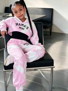 Young Girl 3pcs Streetwear Tie-Dye Print Hoodie, Tank Top, Pants Set, Fall/Winter - Pink - View 4