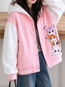 Lurzo Girl's Cartoon Cat Heart Print Hooded Jacket, Casual Long Sleeve College Style Jacket, Suitable For Spring And Autumn Daily Wear And Outdoor Activities. - Pink - View 3