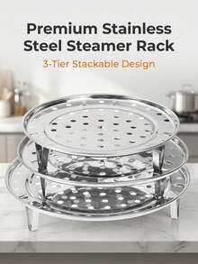 3pcs Stainless Steel Steamer Rack Set, Detachable Legs Steamer Tray, Durable, Multi-Layer Round Steamer Insert For Soup Pot, Dishwasher , Suitable For Dumplings, Seafood, Buns, Meat, Home Use - View 1