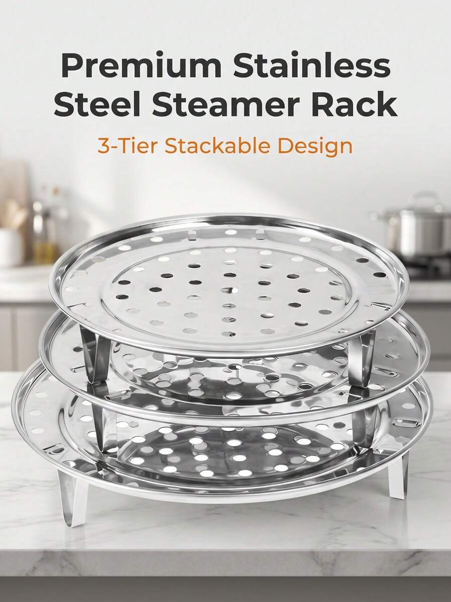 3pcs Stainless Steel Steamer Rack Set, Detachable Legs Steamer Tray, Durable, Multi-Layer Round Steamer Insert For Soup Pot, Dishwasher , Suitable For Dumplings, Seafood, Buns, Meat, Home Use - View 1