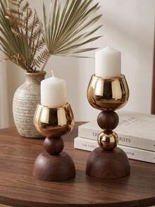 Wood & Gold Metal Candlestick Holder, Retro Table Candle Holder Decor For Wedding, Dining Room, Home Decor,Wood & Gold Metal Candlestick Holder, Retro Table Candle Holder Decor For Wedding, Dining Room, Home Decor. - Fashionable Light Luxury Style - View 3