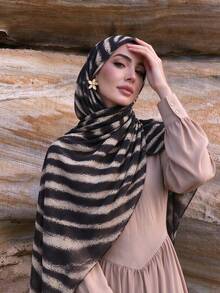 1pc Women's Zebra Print Scarf, Muslim Hijab - Black Wheat Ears - View 1
