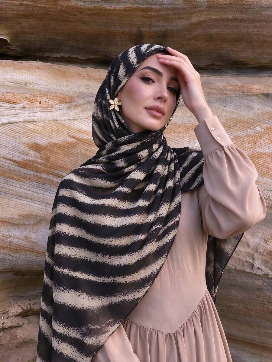 1pc Women's Zebra Print Scarf, Muslim Hijab - Black Wheat Ears - View 1