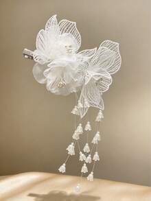 1pc White Embroidered Lace Chiffon Flower Beaded Hair Clip With Tassel Edge For Women, Back Of Head Updo Bridal Wedding Banquet Headpiece - Multicolor - View 6
