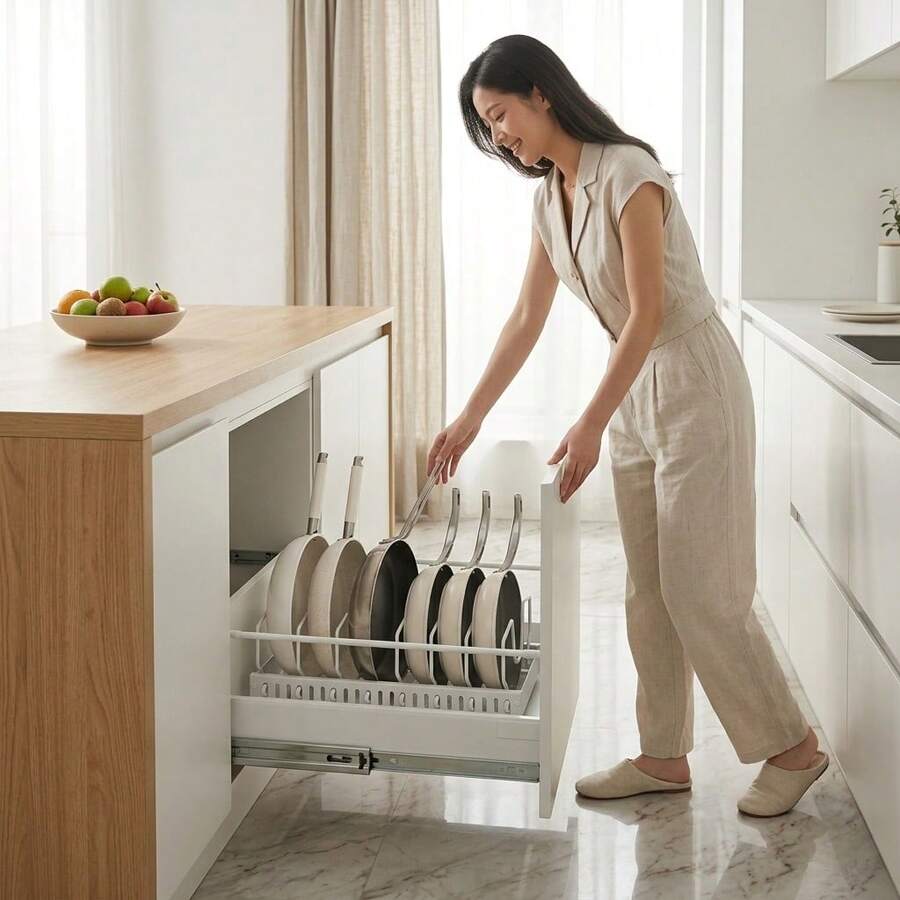 Adjustable Pull-Out Pot And Pan Organizer, White Metal Kitchen Cabinet Pot And Pan Storage Rack, Suitable For Skillets, Frying Pans And Pot Lids - White - View 1