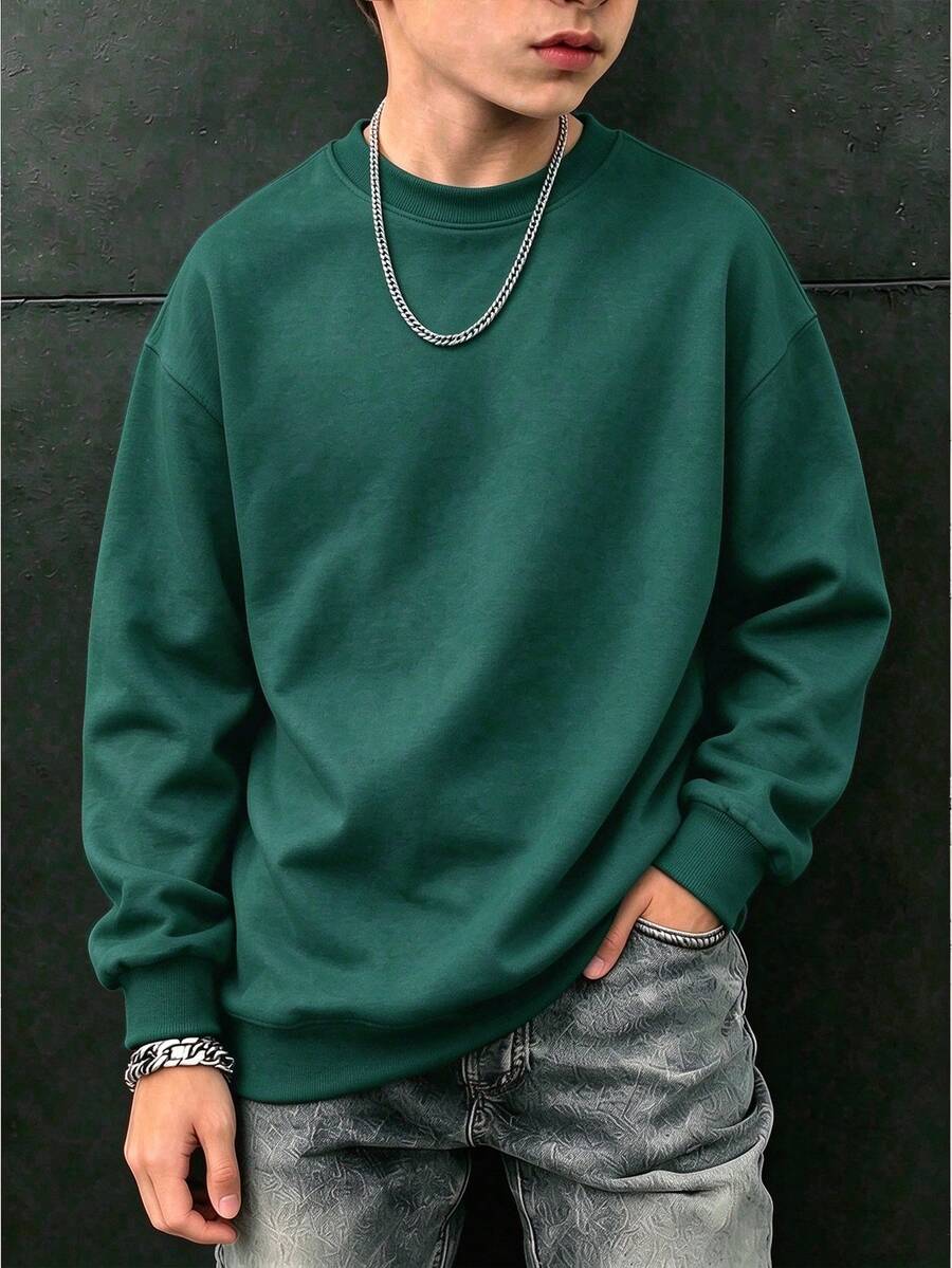 男孩純色極簡圓領長袖運動衫,休閒時尚,適合秋冬戶外穿著 - 墨綠色 - 查看 1