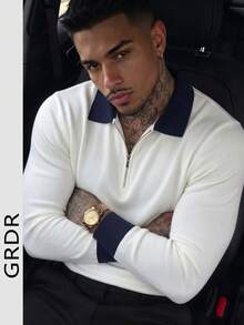 GRDR Men's Autumn/Winter Colorblock Turn Collar Knit Sweater, Solid Color Long Sleeve Knit, Suitable For Autumn/Winter Outings And Travel, Fashion Essential - White - View 5