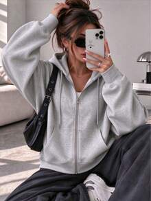 Women's Loose Full Zip Knit Hoodie With Drawstring, Warm Lining Long Sleeve Mid-Length Streetwear Jacket, Suitable For Winter Wear - Light Grey - View 4