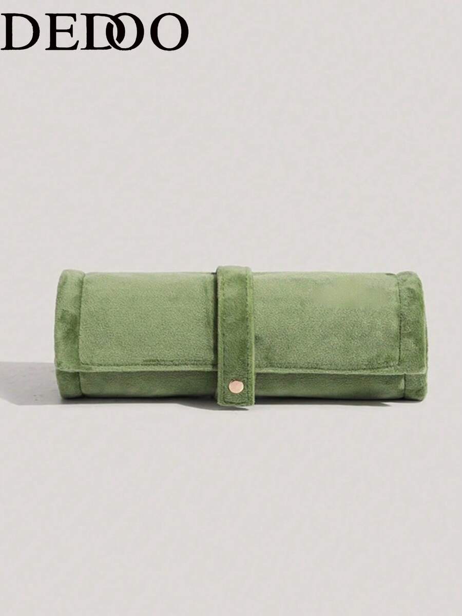 Dedoo Women's Makeup Organizer Bag, Roll-Up Cosmetic Storage Bag, Pure Green Velvet Fabric, Multiple Zippered Compartments, Portable Handle, Minimalist Style, Travel Storage Bag - Green - View 1