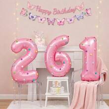 1 Set Pink 32 Inch Digital Foil Balloon With Colorful Pom Pom Decoration, Suitable For Birthday Party, Bachelorette Party, Wedding (Self-Adhesive Pom Pom, Random Color) - View 4