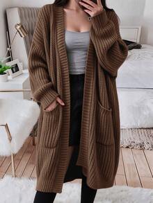 Women's Plus Size Long Sleeve Cardigan Sweater, Knitted Long Cardigan With Pockets, Autumn/Winter - Brown - View 3