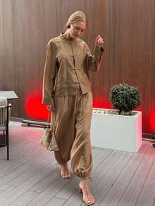 ZAHM Vintage Mandarin Collar Long Sleeve Tang Suit Top - Mustard Yellow - View 1