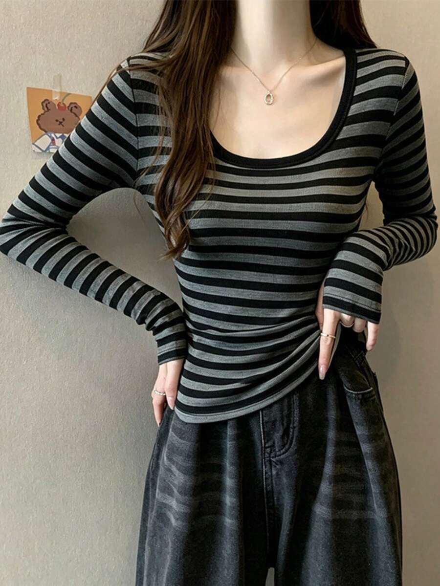 Women's Striped Pure Cotton Long Sleeve Crew Neck Cropped T-Shirt, Autumn Daily Wear Essential - Black - View 1