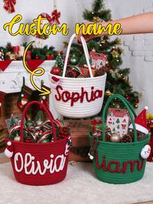 Customized Christmas Name Gift Basket – Personalized Woven Storage Basket With Handles (Christmas Decor / Holiday Gift Basket) - Multicolor - View 1
