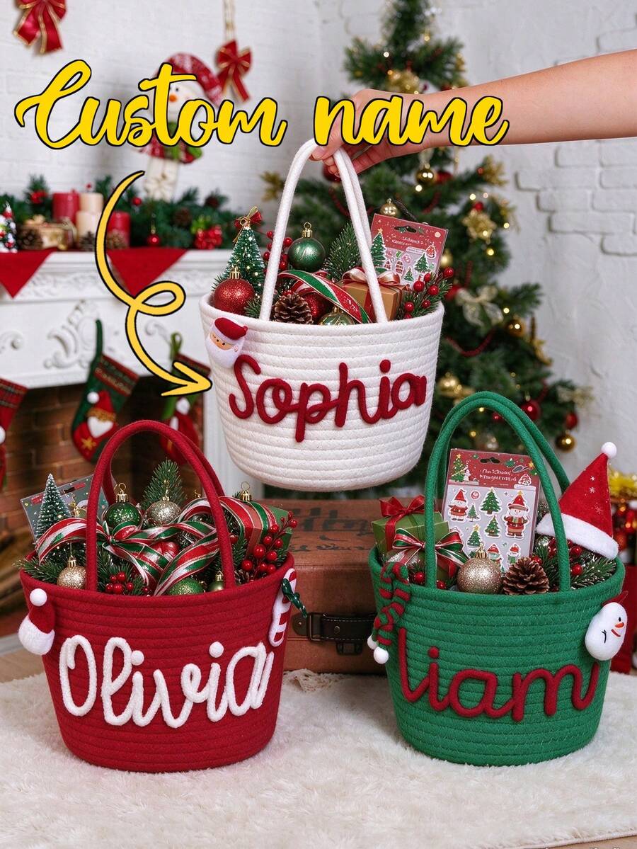 Customized Christmas Name Gift Basket – Personalized Woven Storage Basket With Handles (Christmas Decor / Holiday Gift Basket) - Multicolor - View 1