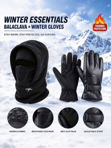 2PCS Unisex Autumn/Winter Multi-Function Cold-Proof Letter Print Balaclava Hat With PU Leather Gloves, Warm Headwear Set Suitable For Daily Outdoor Cycling - Multicolor - View 3