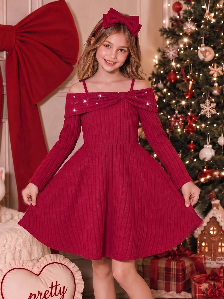 Tween Girls School Dress Autumn New Back To School Dress Fashion Versatile Red Ribbed Off-Shoulder Strap Beaded Decor Design Patchwork Casual A-Line Dress Elegant Vintage Princess Dress Suitable For Outdoor Wear - Red - View 1