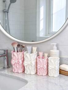French Satin Wavy Pattern Storage Cylinder, Continuous Undulating Pleated Design With 3D Bow, 3D Printed One-Piece Molding, Delicate Texture, For Organizing Various Makeup Tools, Gentle And Minimalist, Decorates Makeup Vanity Desktop Space - Multicolor - View 11