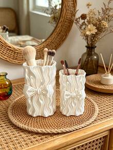 French Satin Wavy Pattern Storage Cylinder, Continuous Undulating Pleated Design With 3D Bow, 3D Printed One-Piece Molding, Delicate Texture, For Organizing Various Makeup Tools, Gentle And Minimalist, Decorates Makeup Vanity Desktop Space - Multicolor - View 5