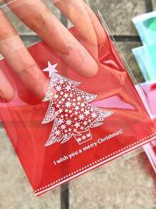 50pcs/Set Christmas Tree Print Gift Bags Merry Christmas Self-Adhesive Bags Packaging Bags Red And Green - Perfect For Christmas Small Gift Packaging - Multicolor - View 2