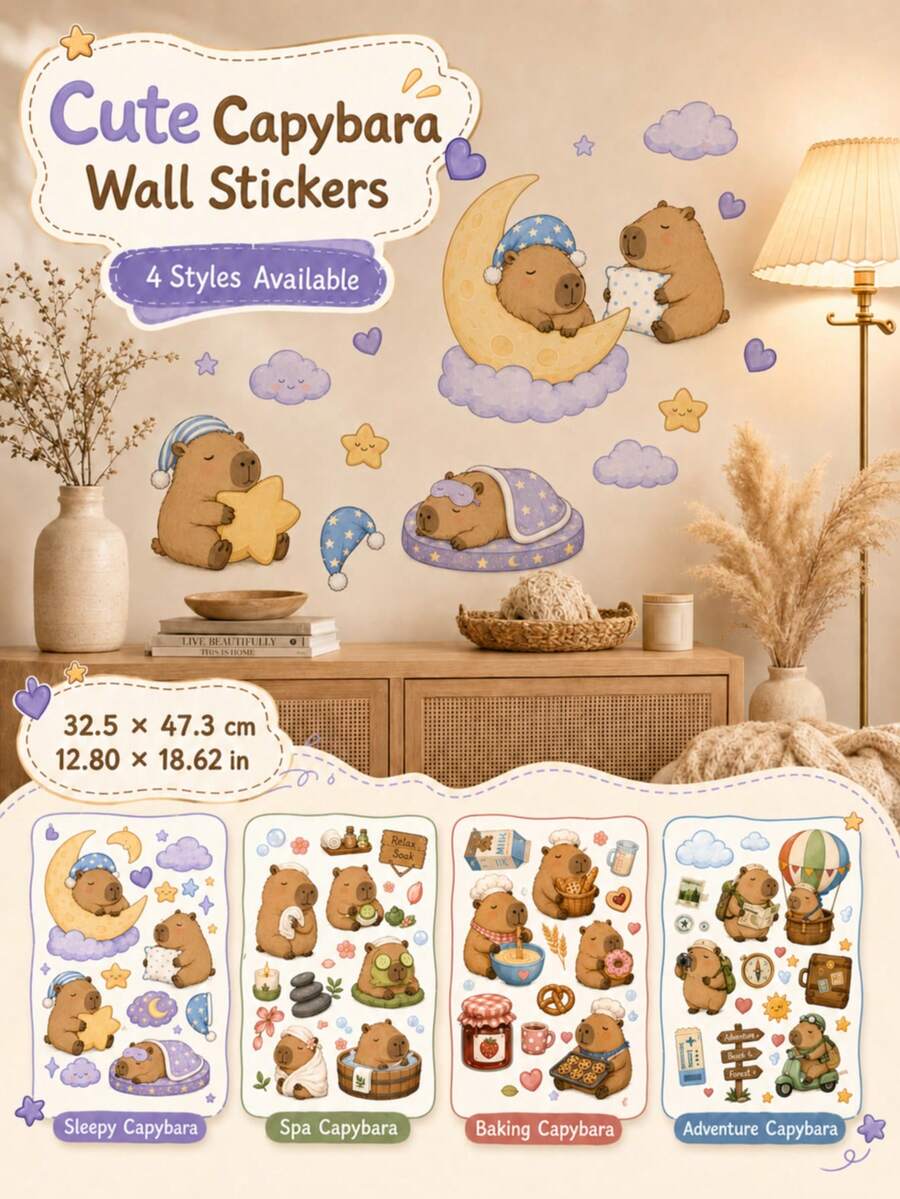 SUPSTICKER 1件 4款水豚牆貼,可愛卡通可撕貼可移除牆貼,適用於臥室、客廳、家具與居家裝飾 - 1PC - 查看 1