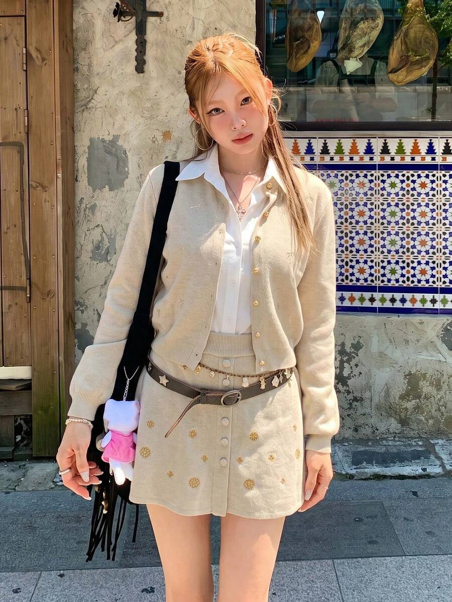 Women's Elegant Embroidered Cardigan & A-Line Mini Skirt Co-Ord Set Chic Button-Front Knit Outfit For Fall - Apricot - View 1